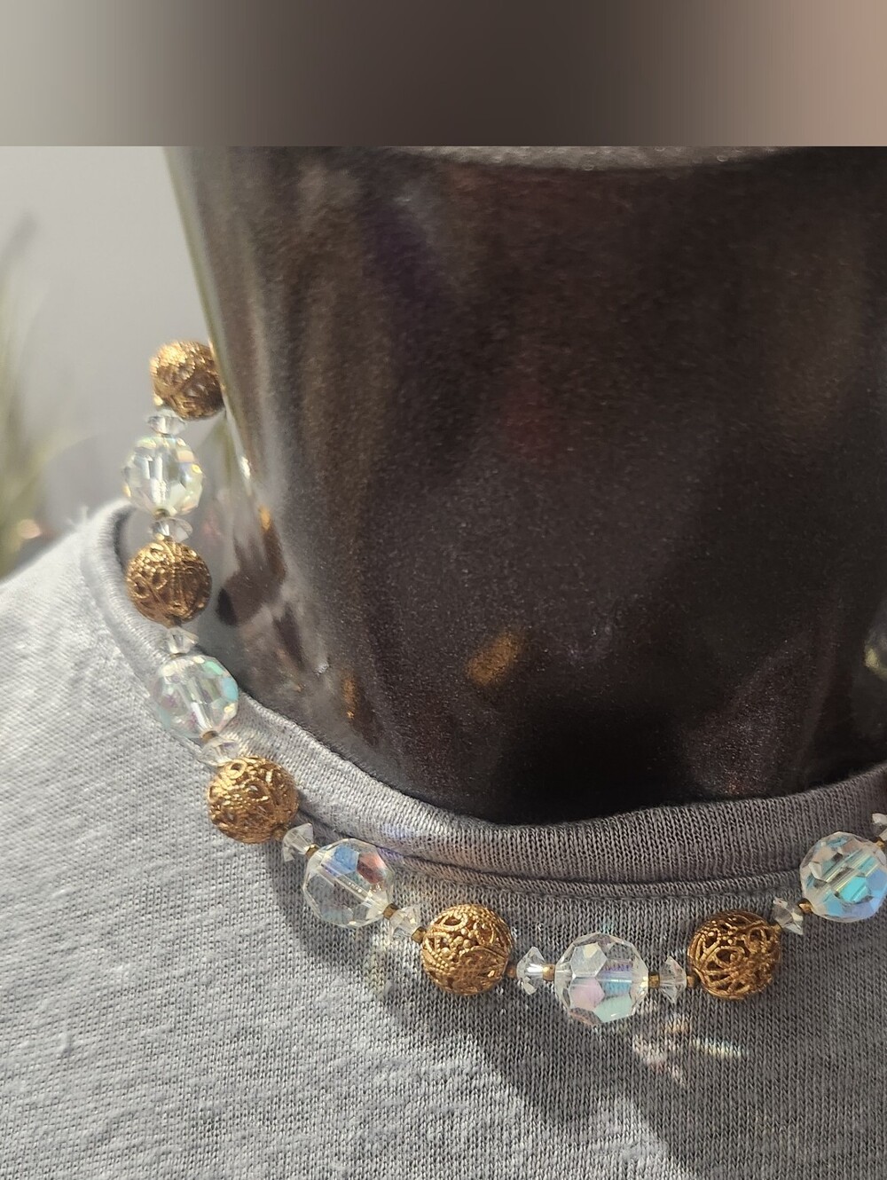Gold Filigree & Clear Crystal Bead Necklace Choker